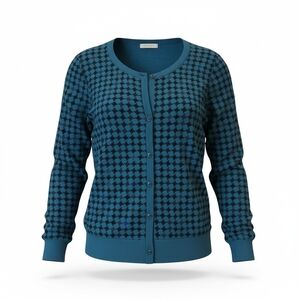 Large Halogen Houndstooth Button Up Knit Cardigan Teal Black Navy Brown